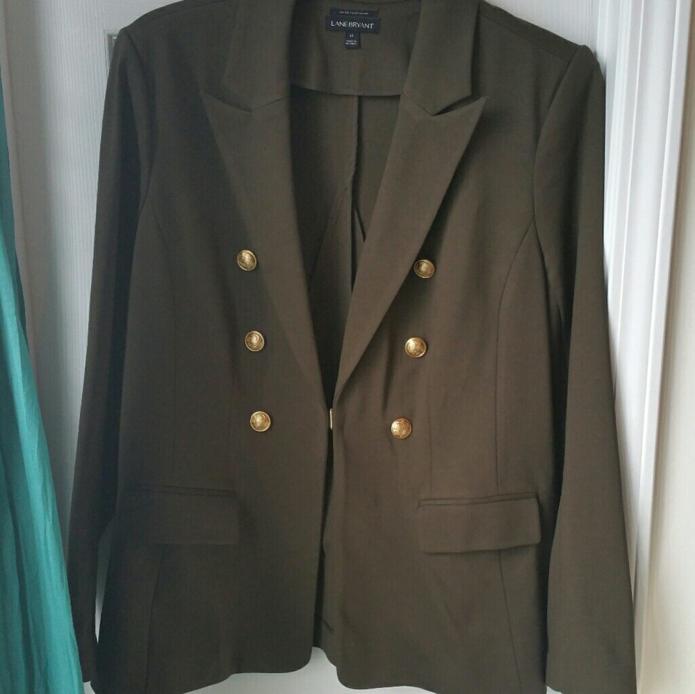 Lane Bryant Olive Green Double-Breasted Blazer with Gold Buttons